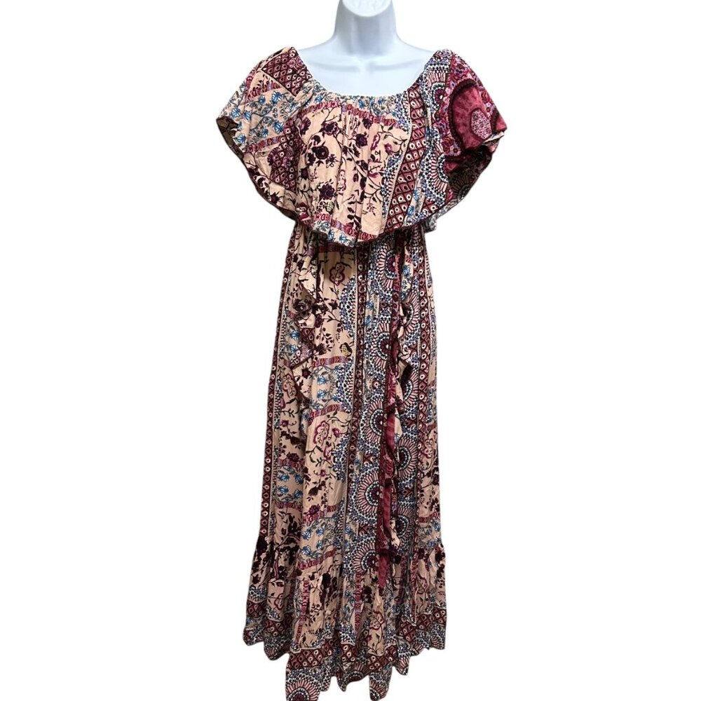 Jaase Boho Off-the-Shoulder Paisley Floral Flounce Gypsy Maxi Dress Size S